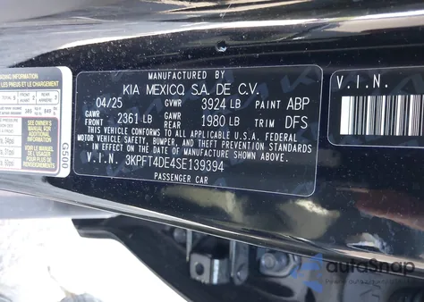 2025 Kia K4 Lxs из США, поврежденный, VIN 3KPFT4DE4SE139394